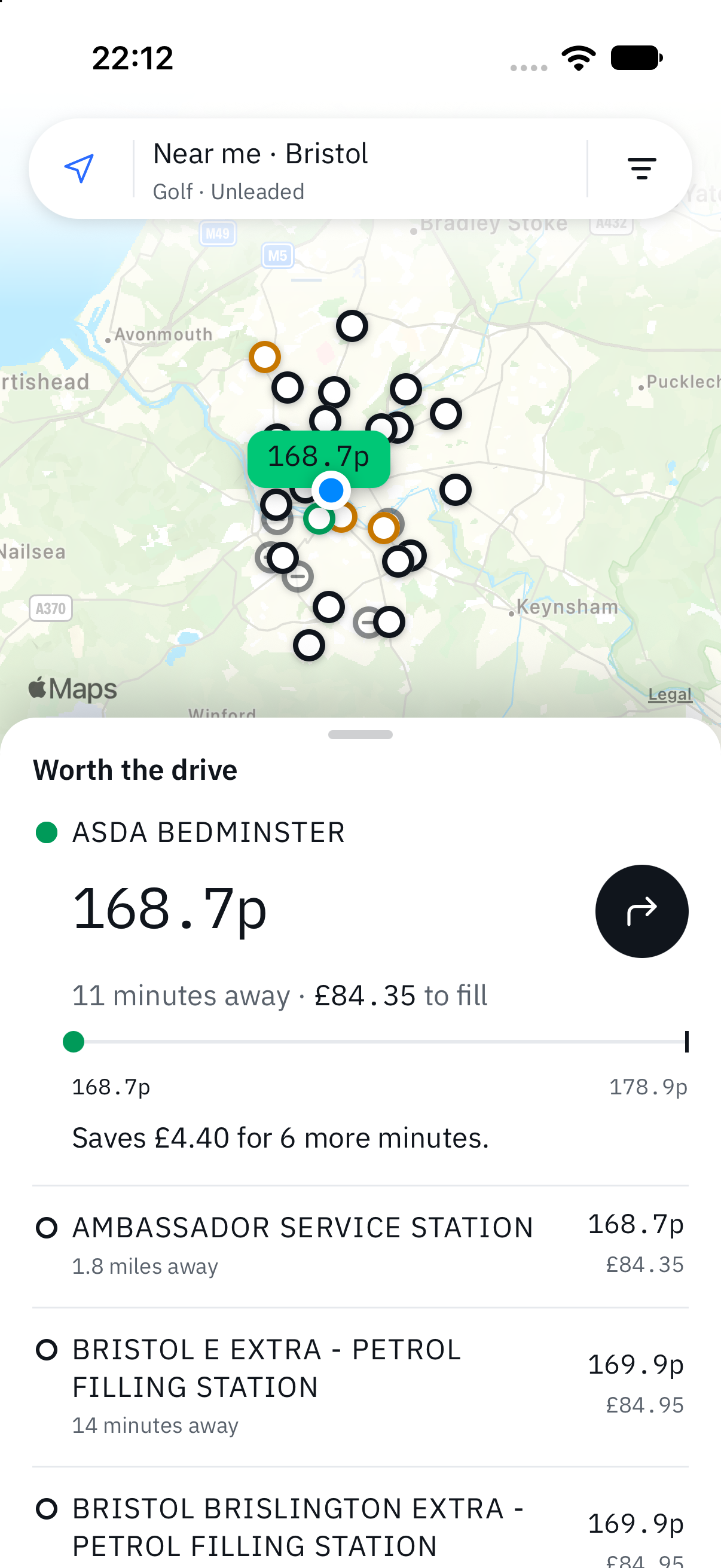 Fuelspot in Bristol. Worth the drive: ASDA BEDMINSTER, 168.7p, 11 minutes away, £84.35 to fill. Saves £4.40 for 6 more minutes.